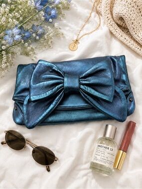 Sorial Italy Blue Iridescent Leather Bow Clutch Foldover Bag